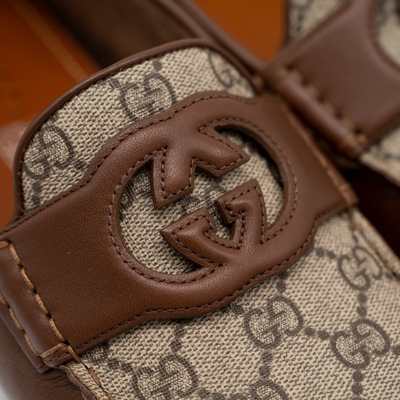 8G 8.5 US Gucci Interlocking G Leather Moccasin Driver Brown Loafers Leather - Picture 8 of 12
